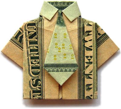 Folded money shirt and tie made from a single bill. This actually works. I just made one. Cute!