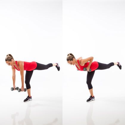 One of the quickest total-body moves: 20 reps on each side of the balancing deadlift row.
