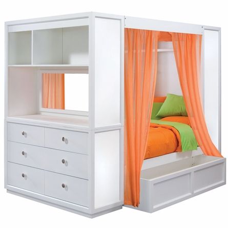 Bed includes magnetic dry erase panels for displaying photos, notes and artwork; four sheer, orange curtain panels as shown; and plenty of storage shelves, drawers for clothing and under-bed storage for quick clean ups!