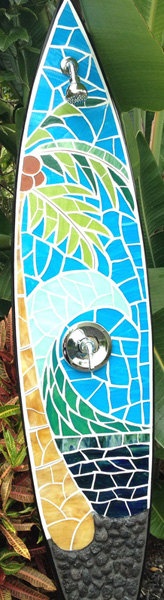 Outdoor surfboard shower. Kona beach scene ready to be hooked up to hose or plumbing. $4,295.00, via Etsy.