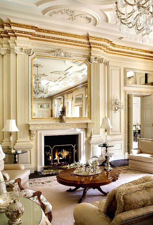 A grand room and fireplace