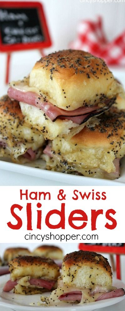 Ham and Swiss Sliders Recipe- Loaded with ham, swiss cheese and a mustard sauce all baked up to perfection. These sandwiches are delicious and over the top messy (in a good way). Perfect for game day or any party.