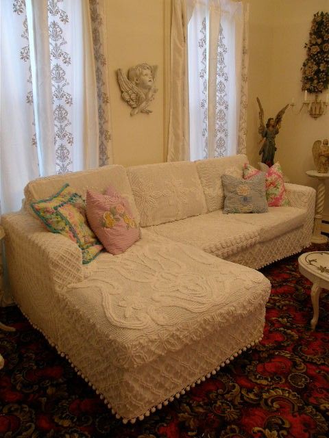 DIY...Shabby Chic Vintage Chenille Bedspread Slipcover...Make a brand new sofa look vintage!