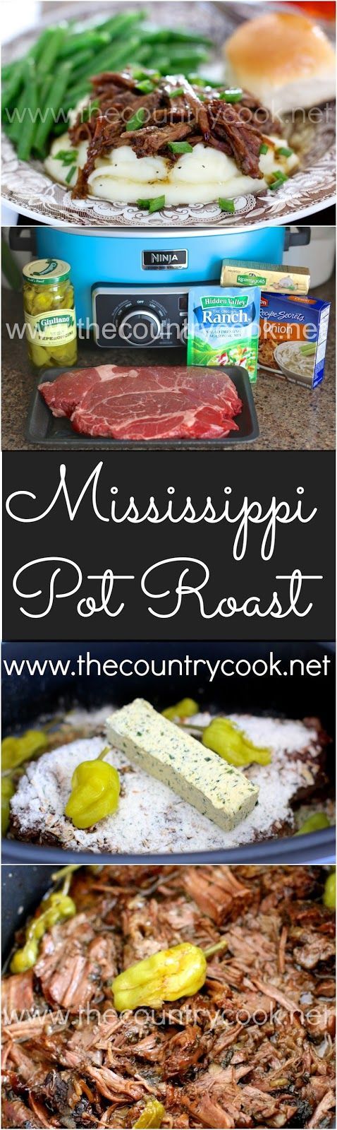 Crock Pot Mississippi Pot Roast from The Country Cook. I think this is one of the best roasts I've ever eaten or made. So good. Serve on a sandwich bun or on mashed potatoes or rice!