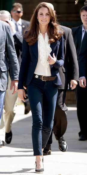 Catherine Middleton toured Canada in a one-button Smythe blazer over a ruffled blouse and navy J Brand jeans.