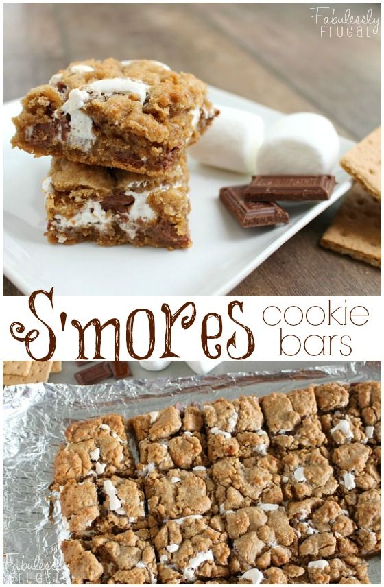 Delicious S'mores in cookie bar form! Mmm. Soft, buttery, graham cracker-flavored cookie bars with smooth chocolate and gooey marshmallow layered throughout.