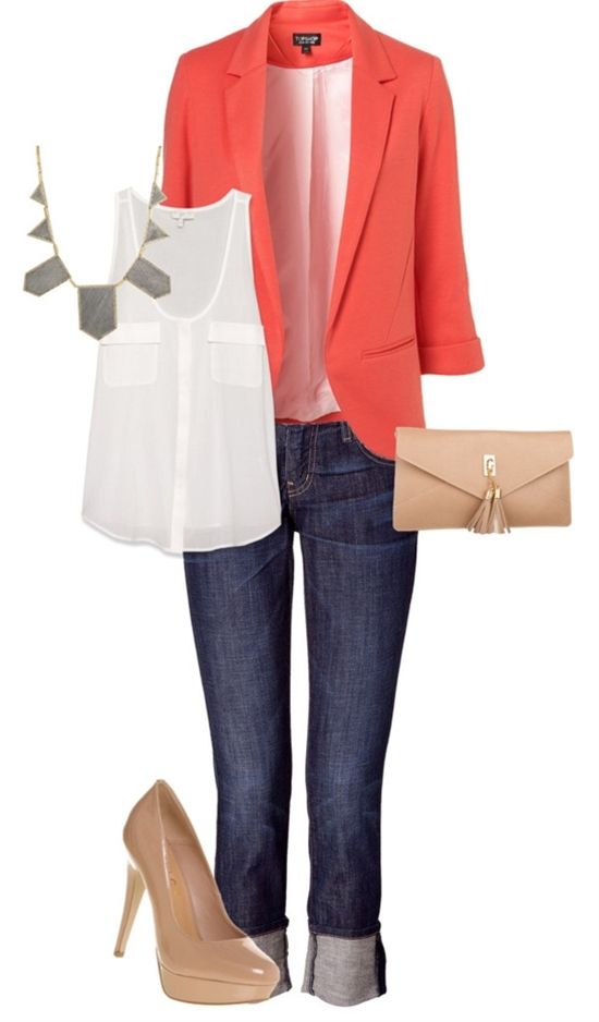 Coral blazer + white tank + jeans + statement necklace + nude flats