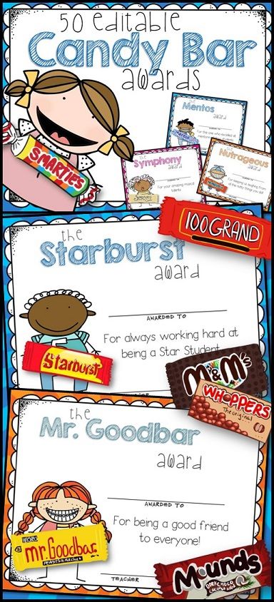 50 EDITABLE Candy Bar Superlative Awards for the End of School. Each candy award is offered in both a girl graphic & boy graphic. It's also available in both a colorful sunburst background and one with a white background to help save your ink. $6