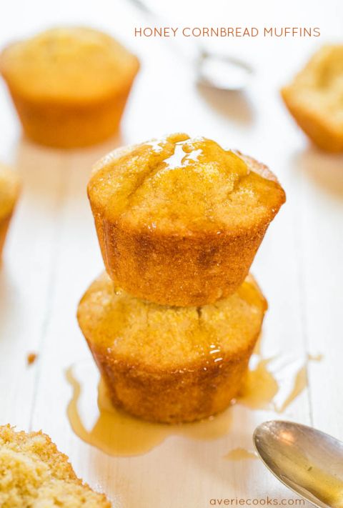 Honey Cornbread Muffins - Finally cornbread that's not dry! Fluffy, moist and sweetened with honey! You'll love this sweet cornbread!
