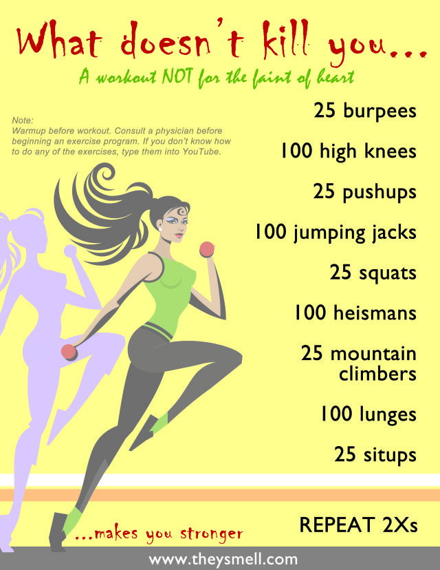 6/2/13  Good full body no nonsense w/o. My plan was to run 1.5 x 2 alternating with this.  Lack of sleep and a respiratory illness conspired against me so that I only ran 1 mile and then did this  x 1 followed by another 1 mile walk.  Will need to try aga