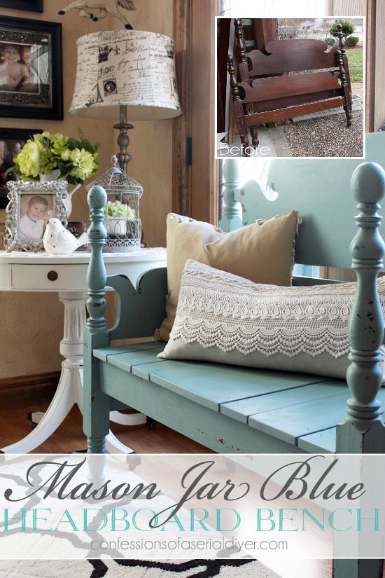 ason Jar Blue (Junque Boutique Milk Paint) Headboard Bench