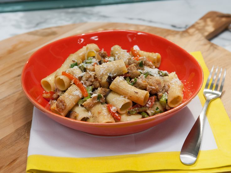 Rigatoni with Spicy Chicken Sausage, Asparagus, Eggplant, and Roasted Peppers recipe from Brian Boitano via Food Network