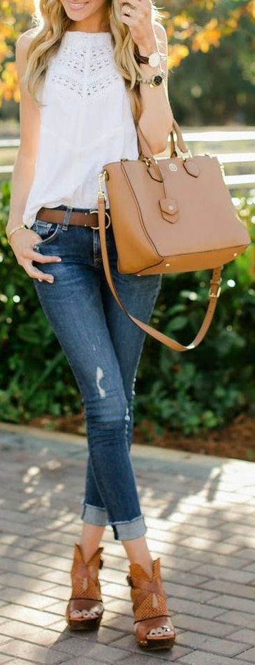 Fashion Style I Lace Tank, Skinnies Tory Bag & FP Heels