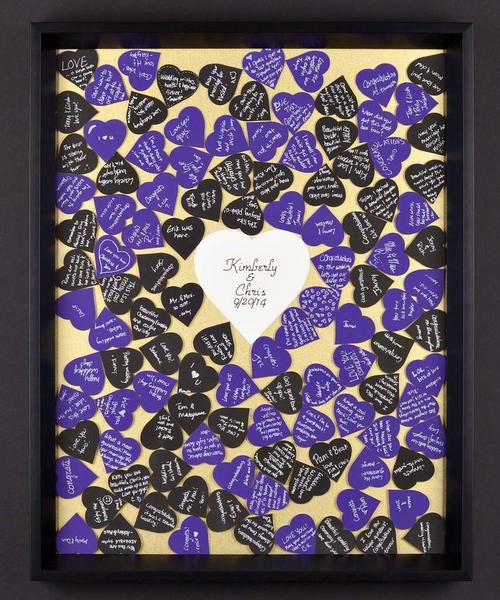 Unique wedding guest book custom for your wedding colors! The top panel comes off, guests sign a heart and then drop it in (like playing Plink-O), then you put the frame top back on and hang it on your wall! So unique and adorable. Available in hundreds o