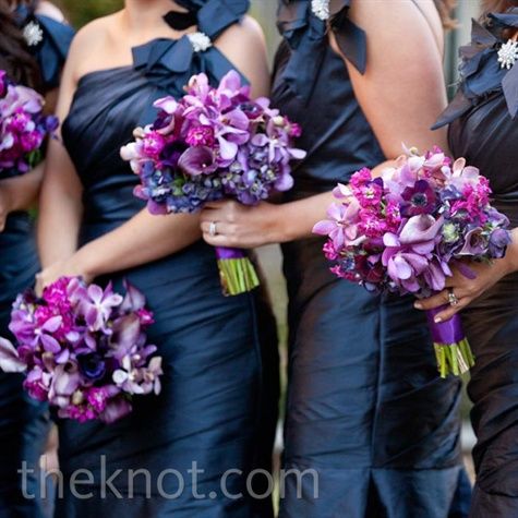 Charcoal grey bridesmaid dresses, makes the bride stand out and the maids look good..  Multi flower all one color wedding bouquet idea. i LOVE this!!