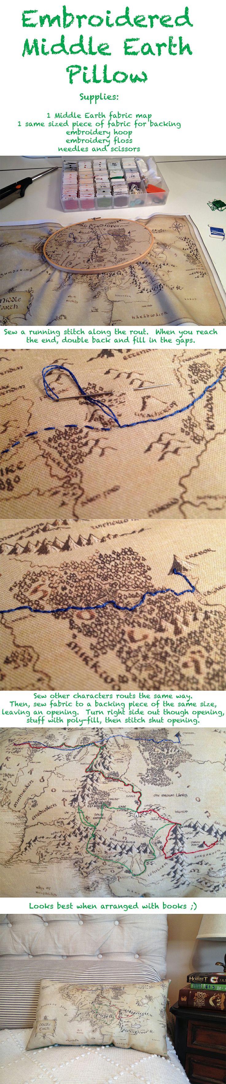 How to make a Middle Earth pillow embroidered with the journeys of your favorite characters. Follow link to find the map fabric!