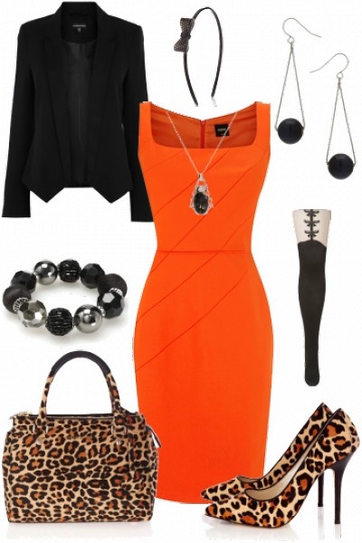 I'd go for plain black heels and a black leather bag (or one that matches the dress)...but the rest would make a pretty work outfit.