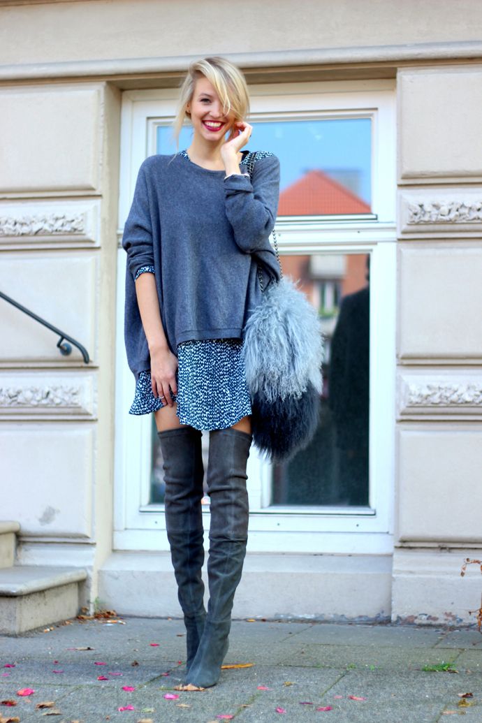 Winter Outfit Ideas for Over The Knee Boots - Throw a cozy oversized sweater over a body skimming dress or skater skirt for a comfortable (and sexy) winter outfit! Bonus points for paring this look with a shaggy faux fur winter bag.