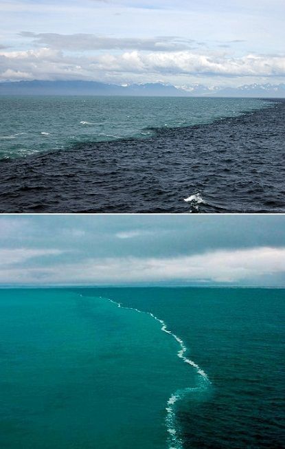 Spot where the Baltic Sea and the North Sea meet but don't mix, due to the very different water densities and chemical differences. (Skagen, Denmark)