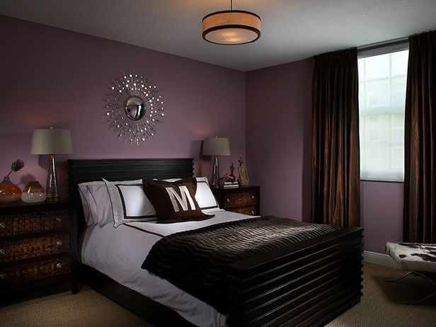 I think my daughter will like this...Dark, Soothing Color: Using dark colors in a bedroom can make the space feel cluttered and small when used incorrectly, but these chocolate-brown draperies set a soothing tone against the lavender walls of this contemp