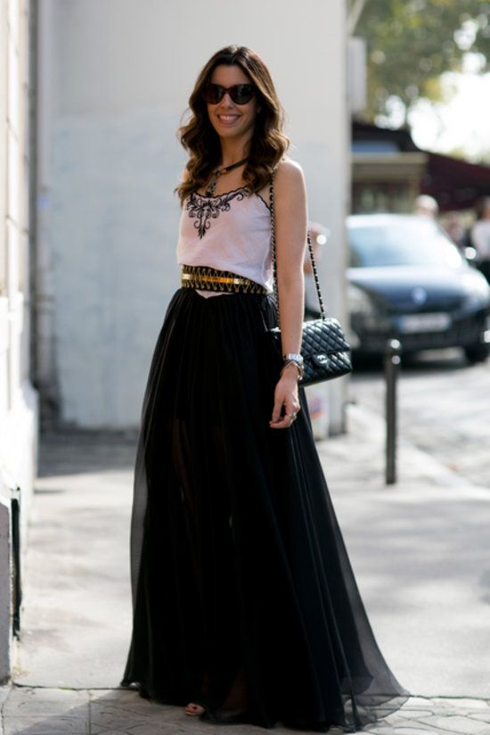 A princessy maxi skirt, an embroidered top and a gold belt @ Paris #fashionweek Spring 2014 fashion shows