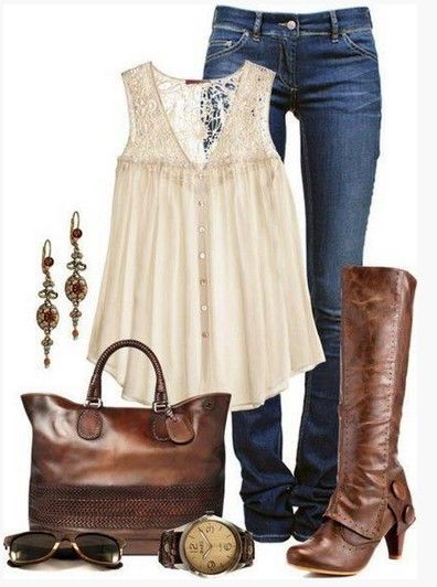 Brown Spring Outfit,pink lace embroidered top and brown knee-length boots love these boots!