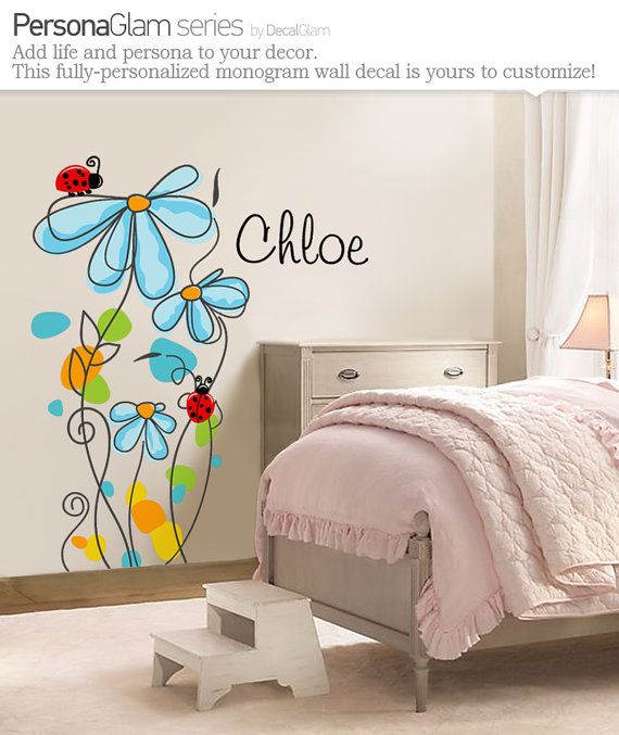 Childrens Wall Decal  Flowers & Ladybugs with Name by DecalGlam, $105.00 Perfect with Pottery Barn Decor and great for girls and toddlers rooms.