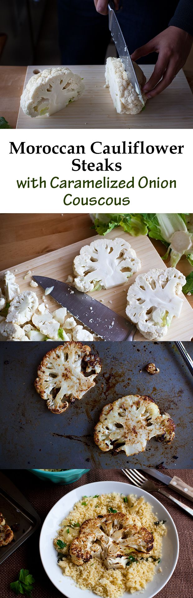 How delicious does this all veggie meal sound? Moroccan cauliflower steaks with caramelized onion couscous. #Veggie #vegetarian