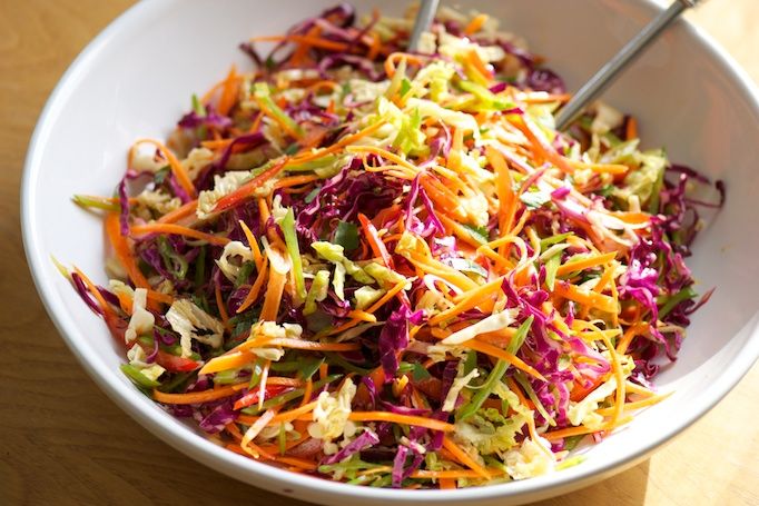 Asian Slaw [with napa & red cabbage, red pepper, carrots, snow peas, green onion, basil, and cilantro]