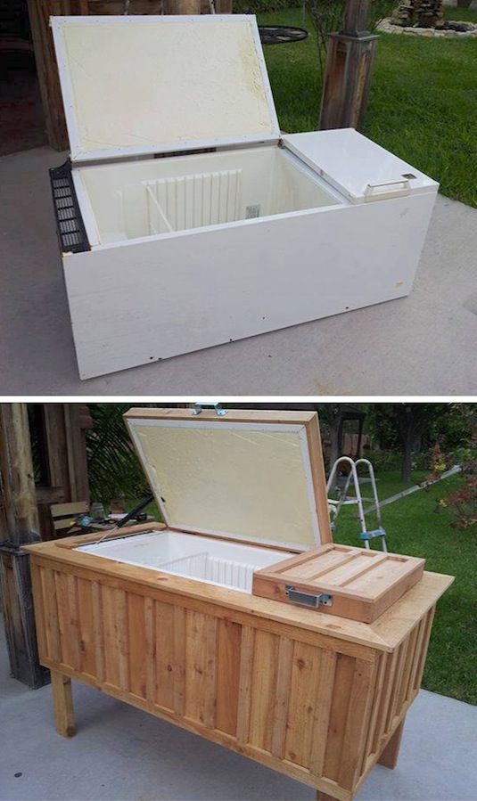 20 Unusual Furniture Hacks | Old fridge turned into an oudoor ice chest. So cool - - - especially love the piano fountain and might actually make the wrapping paper cart!