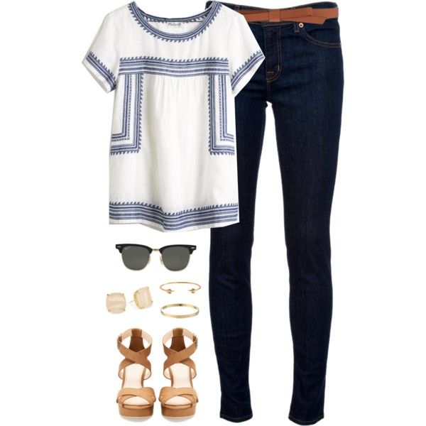 Casual/ White top with blue embroidery, dark wash skinny jeans, brown belt, beige strappy heels, gold accessories, Ray Bans