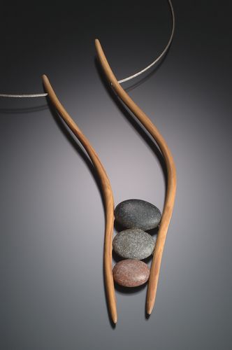 LOVE IT! | Kathleen Dustin Wearable Art ~ necklace of New Hampshire mountain laurel, polymer faux stones on steel cable  sticks 7"l, cable 20"l  $350  #DoItInNH #NHCraftsmen #NHArt
