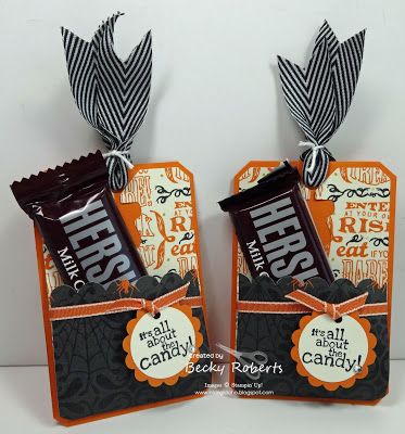 Becky has a tutorial for making these cute treat holders from the Chalk Talk framelits tag, Halloween Hello, & Witches' Brew dsp.