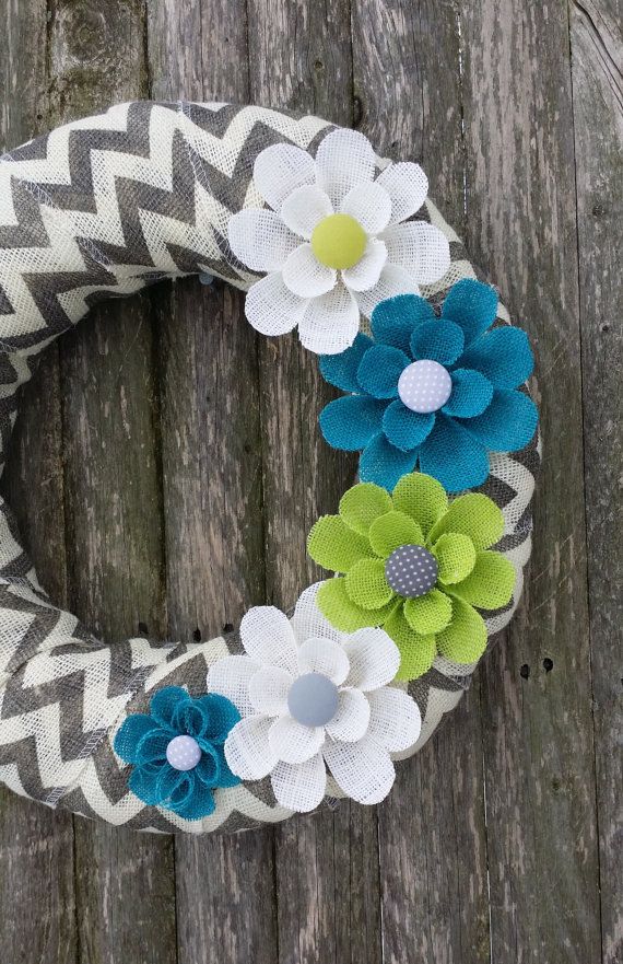 Spring Wreath Chevron Burlap Wreath with Teal by BurlapBlooms
