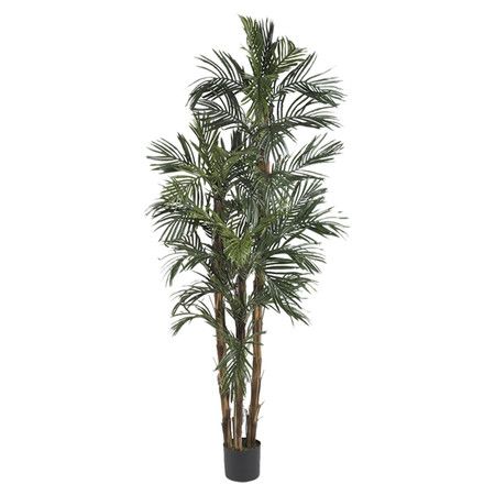 This lush silk robellini palm tree effortlessly evokes a tropical paradise with rich green fronds and weathered trunks nestled in a black planter.
