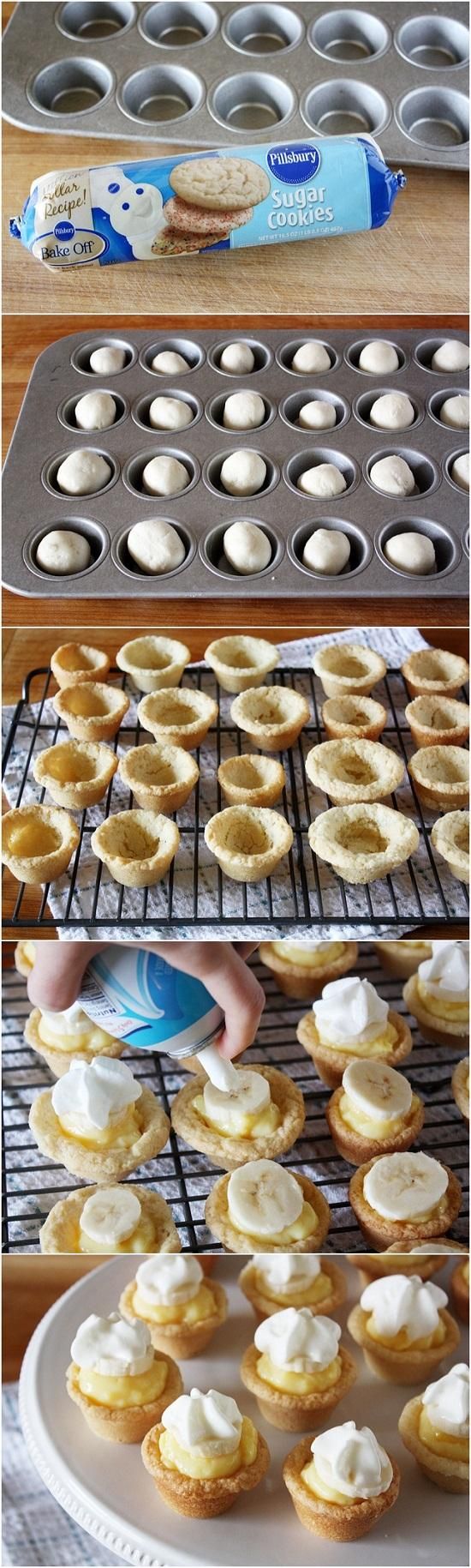 mini banana cream pie bites. I would flip the mini muffin tin upside down and put cookie dough over the mounds to make the bowl.