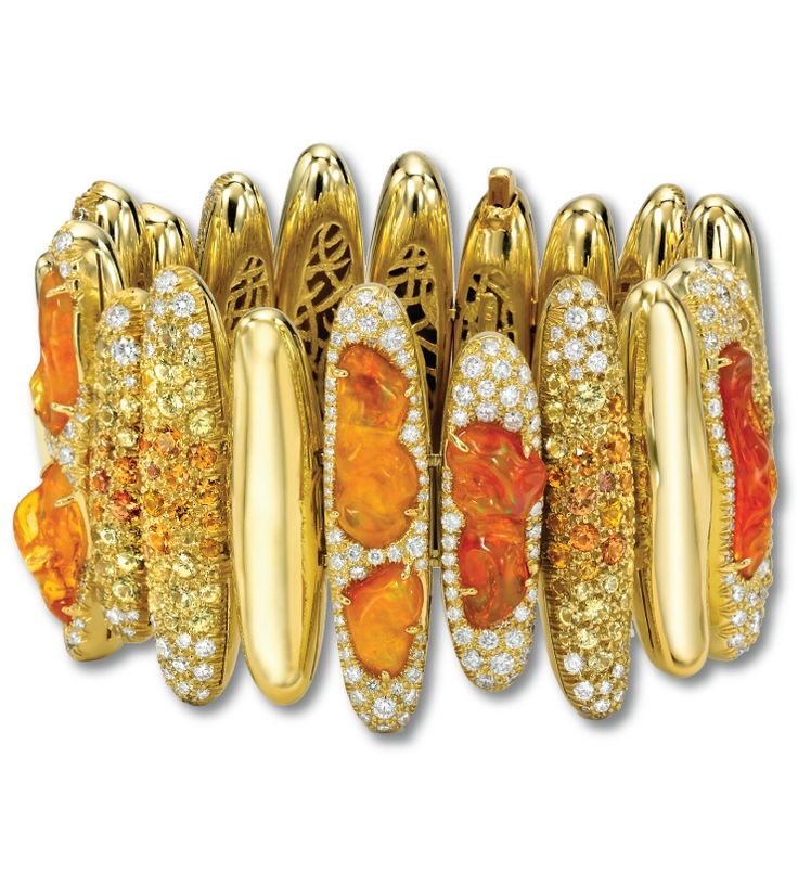 Orange and yellow Fire Opals, yellow and orange Sapphires, and full-cut Diamonds "Pilar" 18K yellow gold bracelet.