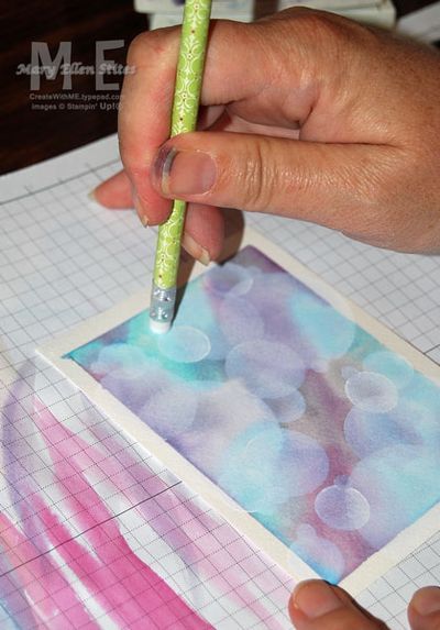 Bokeh Technique~Step by Step Picture Tutorial result is blurred or hazy background. Crafter stenciled white circles to enhance effect.