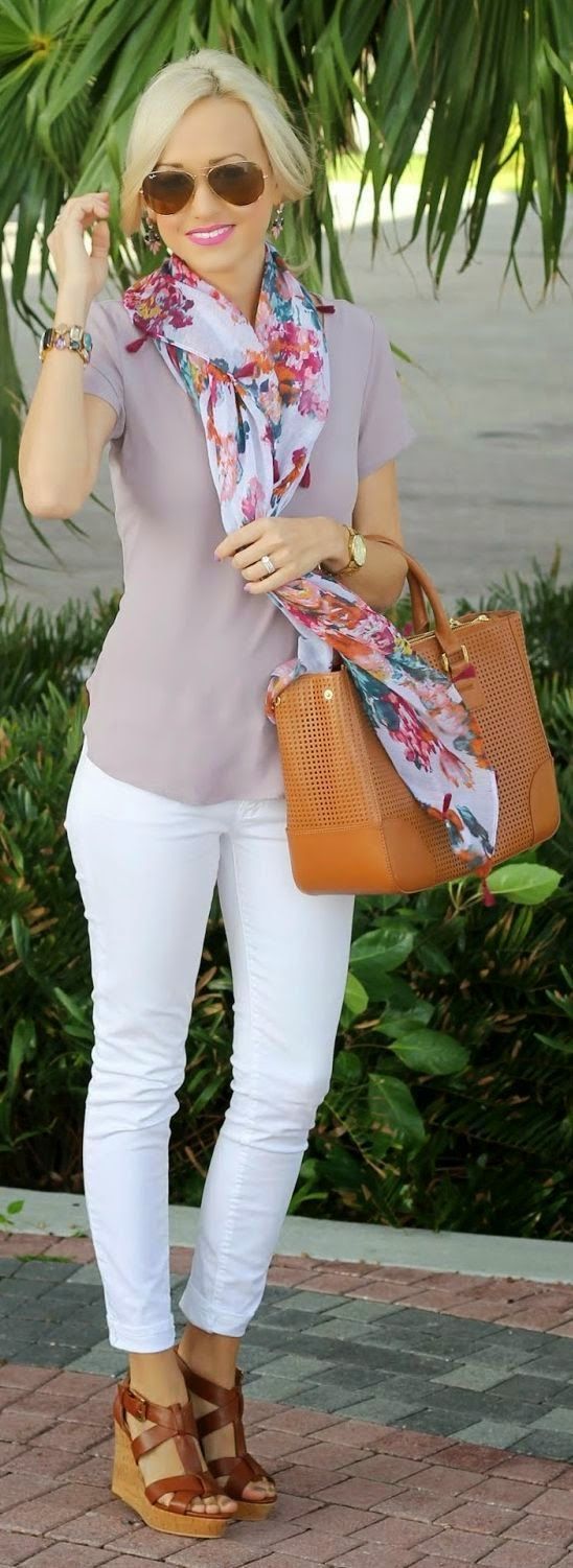 love the scarf (colors/print), paired with the light colored top, and the accessories! Don't know if I could rock the white pant though ...