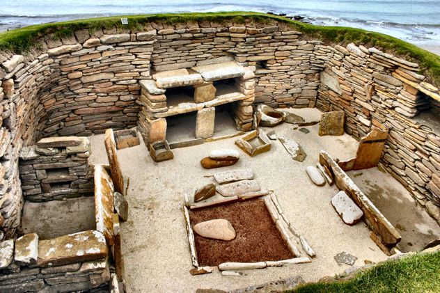 Skara Brae is a stone Neolithic settlement on the island of Mainland in the Orkneys.   It was inhabited from roughly 3150 to 2500 B.C.  It is the most intact Neolithic settlement in Europe, gaining it UNESCO World Heritage Site status and the nickname of 