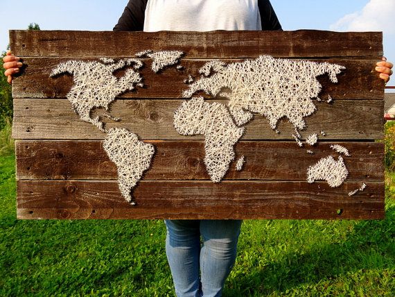 World Map Picture Vintage Handmade of Wood with String Art | Globe Shabby Chic Old Travel Poster Print Atlas | 44"x20.5" - 112cmx52cm