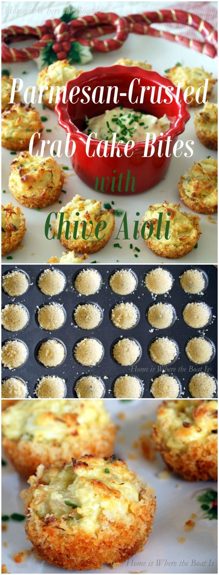 Parmesan-Crusted Crab Cake Bites with Chive Aioli, a great little appetizer to serve for the holidays! The crab mixture can be made a day in advance, then the bite-size cakes are baked in a mini muffin tin with a crust of Parmesan cheese and panko bread c