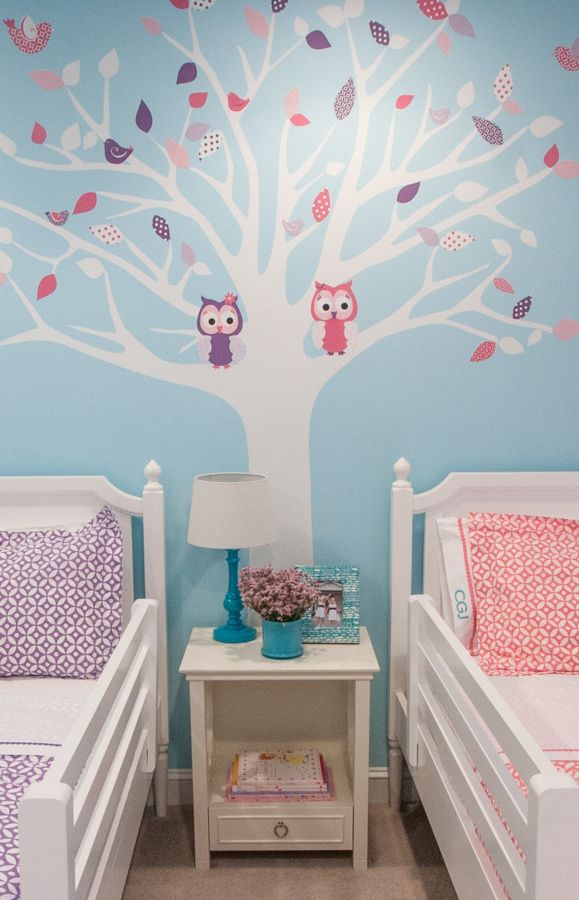 Twin Girls Shared Room tree decal with owls for fall. Change out the seasons for spring & winter too!