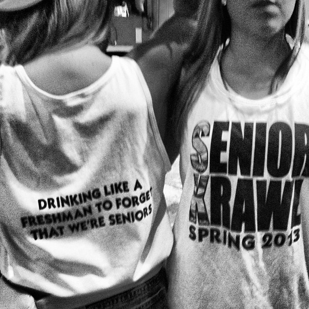 Sigma Kappa bar crawl tank.  "Drinking like a freshman to forget that we're seniors."