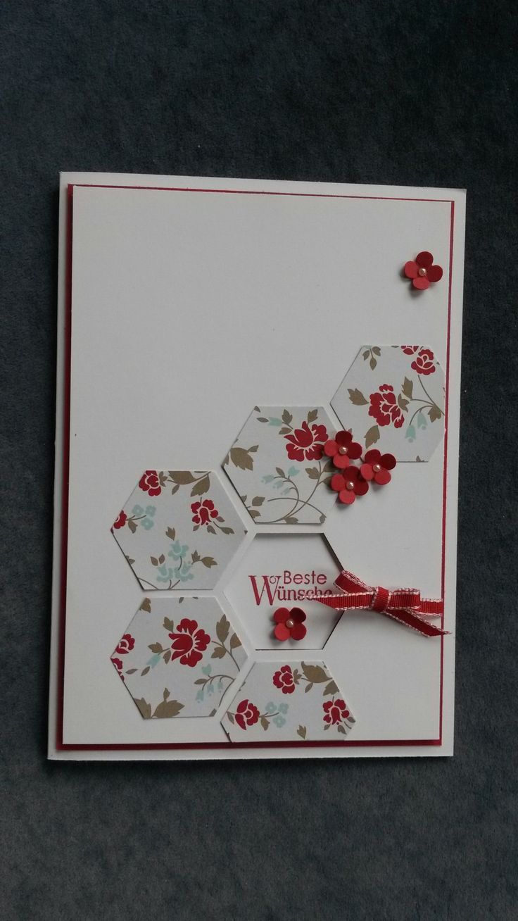Stampin'Up! ... card created using the hexagon punch ... grounping of hexagons punched from flower paper and small punched flowers ... one negative space hexagon punched out to show sentiment on the inside ... like it!