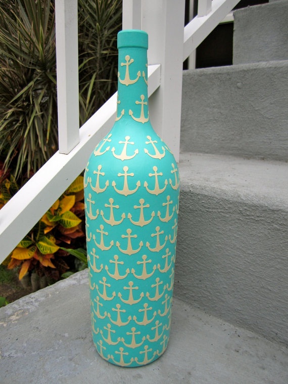Wine bottle painted blue with white anchors. This is adorable. Give to your sorority sister on her 21st and have the chapter sign the bottle! ♥