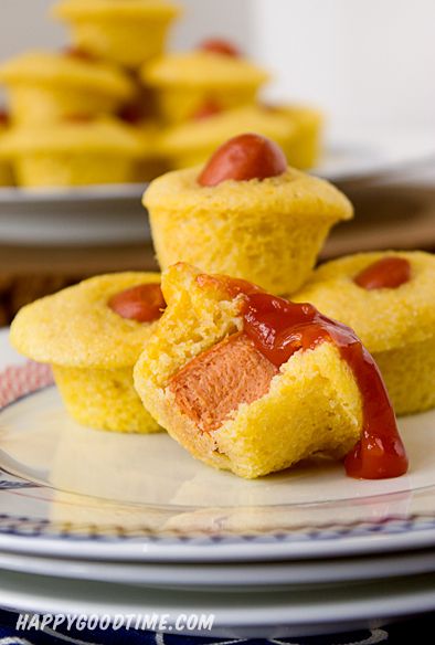Corn Dog Mini Muffins--- 1 cup all purpose flour 1 cup cornmeal 1 tablespoon baking powder 2 eggs 1 cup milk 1/3 cup unsweetened applesauce (vegetable oil or butter as a substitution are fine) 1/4 cup sugar 1/4 teaspoon salt