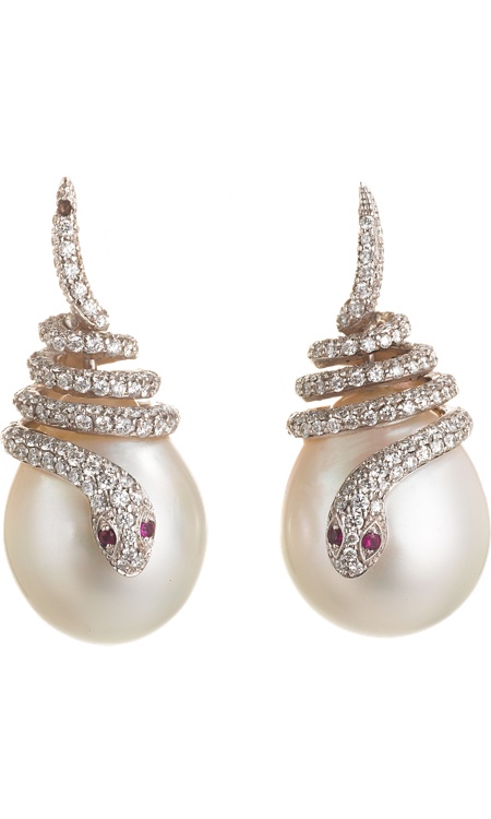 Pearl, Diamond & Ruby Snake Earrings