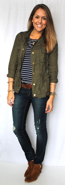 Love the army jacket with stripes and cognac accessories.