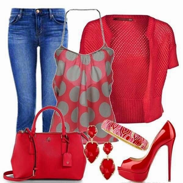 Gorgeous Combination of Red Clothings and Blue Jeans. Suitable, Red Accessories